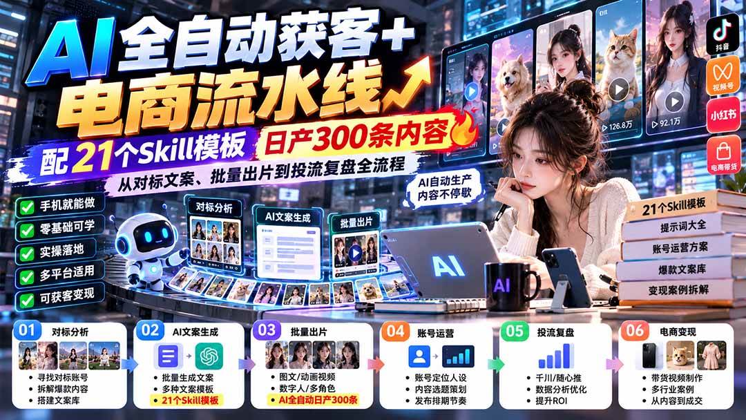 （20664期）AI全自动获客+电商流水线：配21个Skill模板，日产300条内容，从对标文案、批量出片到投流复盘全流程-优优云网创-中创网