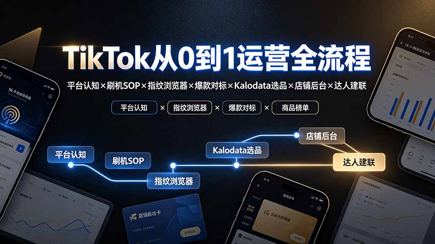 TikTok从0到1运营全流程:平台认知×刷机SOP×指纹浏览器×爆款对标×Kalodata选品×店铺后台×达人建联-优优云网创