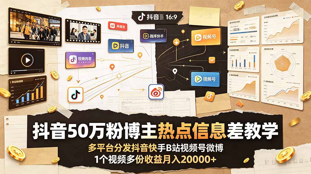 抖音50万粉博主热点信息差教学:多平台分发抖音快手B站视频号微博,1个视频多份收益月入20000+-优优云网创