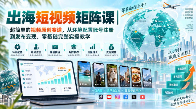出海短视频矩阵课|超简单的视频原创赛道,从环境配置账号注册到发布变现,零基础完整实操教学-优优云网创-中创网