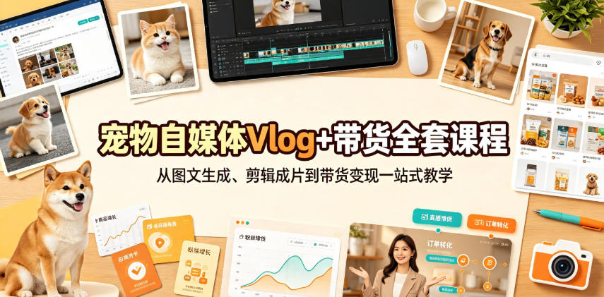 宠物自媒体Vlog+带货全套课程|从图文生成、剪辑成片到带货变现一站式教学-优优云网创