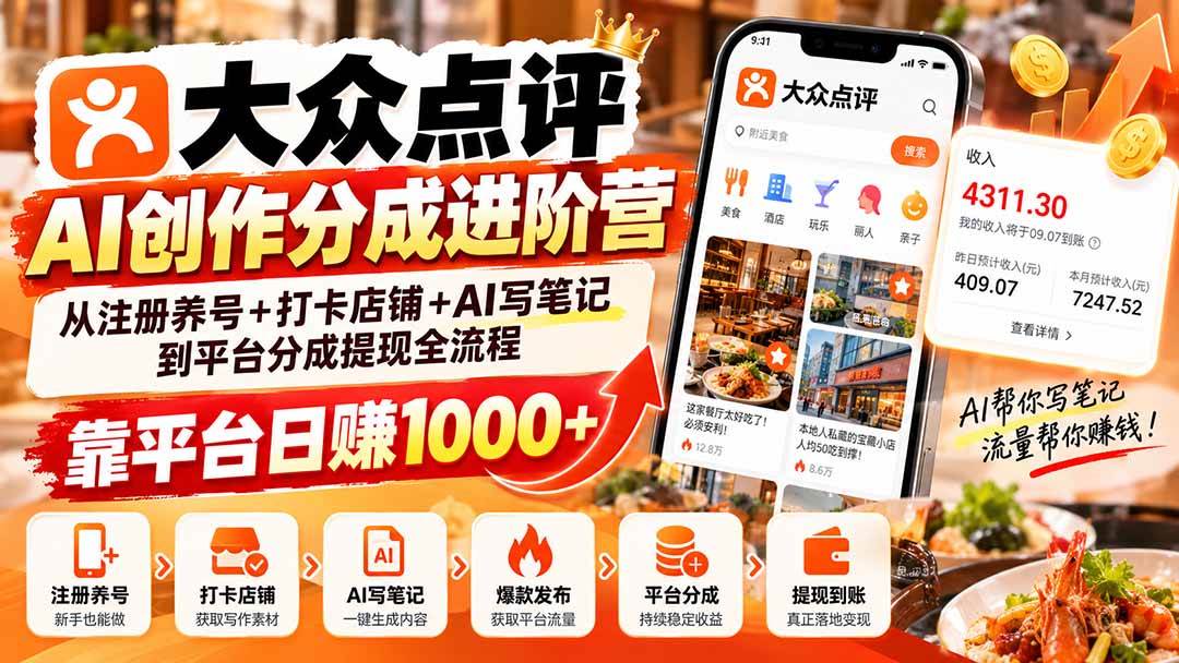 （20759期）大众点评AI创作分成进阶营：从注册养号+打卡店铺+AI写笔记到平台分成提现全流程，靠平台日赚1000+-优优云网创-中创网