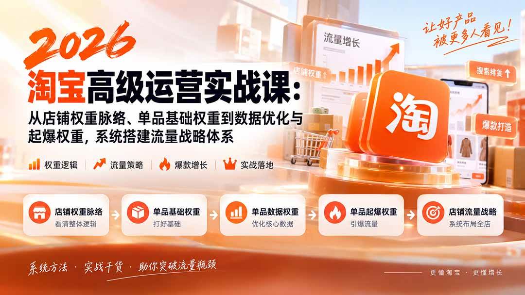(20409期)2026淘宝高级运营实战课:从店铺权重脉络、单品基础权重到数据优化与起爆权重,系统搭建流量战略体系-优优云网创-中创网