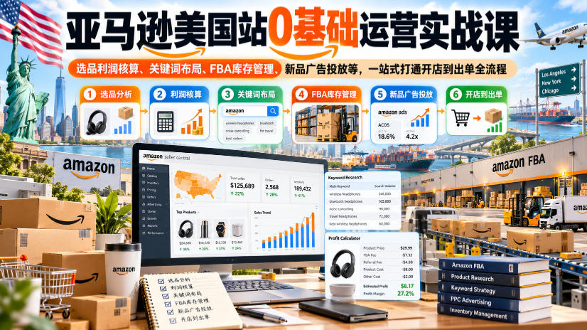 亚马逊美国站0基础运营实战课｜选品利润核算、关键词布局、FBA库存管理、新品广告投放等，一站式打通开店到出单全流程-优优云网创-中创网