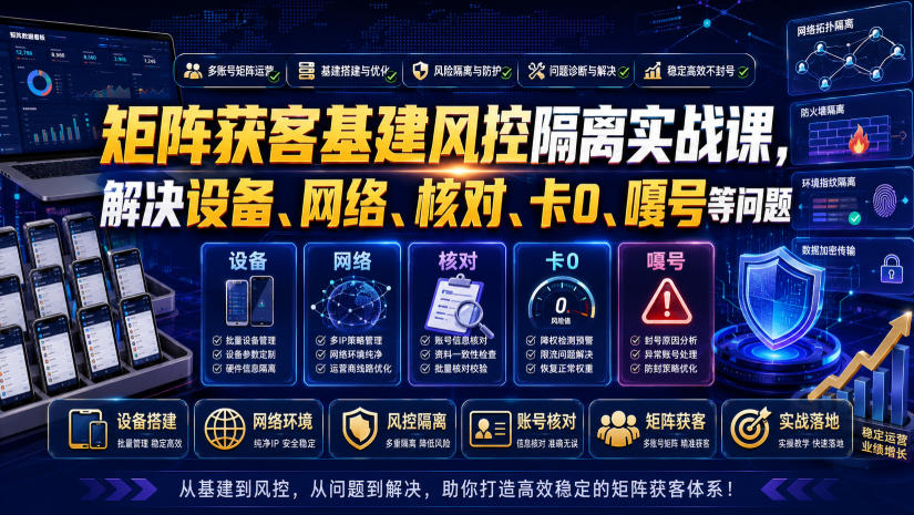 矩阵获客基建风控隔离实战课,解决设备、网络、核对、卡0、嘎号等问题-优优云网创