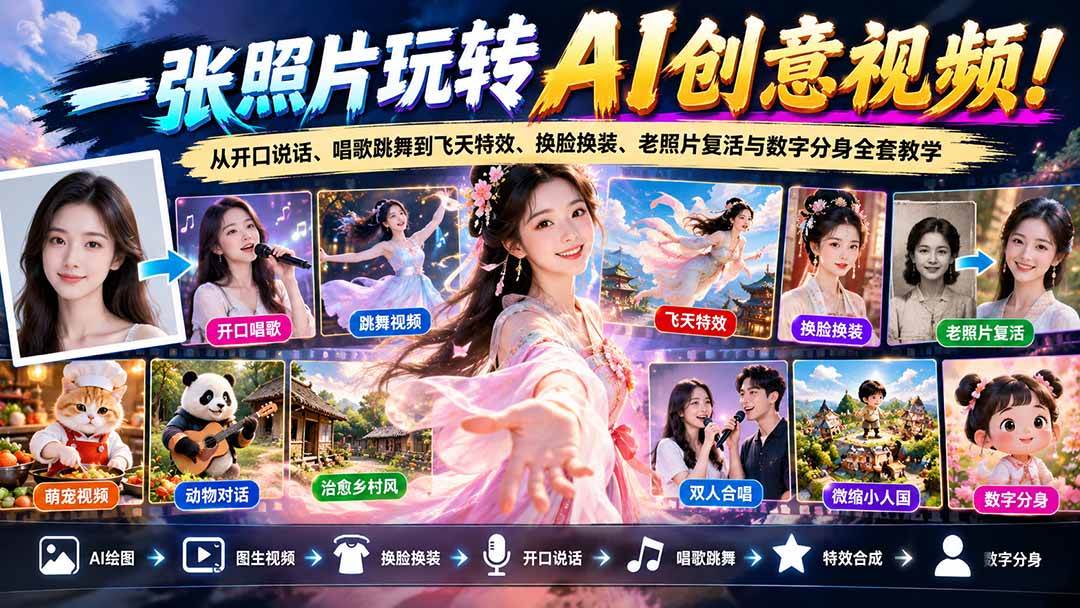 (21202期)一张照片玩转AI创意视频!从开口说话、唱歌跳舞到飞天特效、换脸换装、老照片复活与数字分身全套教学 (21202期)一张照片玩转AI创意视频!从开口说话、唱歌跳舞到飞天特效、换脸换装、老照片复活与数字分身全套教学