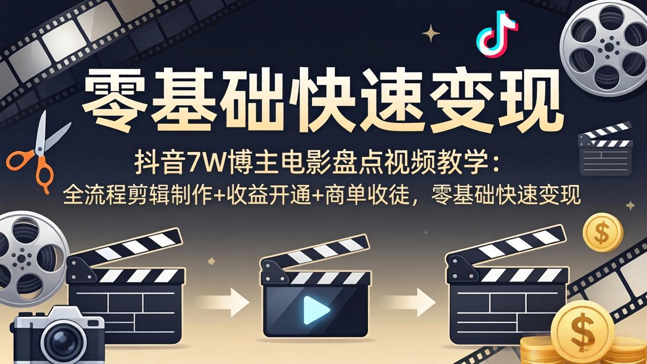 抖音7W博主电影盘点视频教学:全流程剪辑制作+收益开通+商单收徒,零基础快速变现-优优云网创