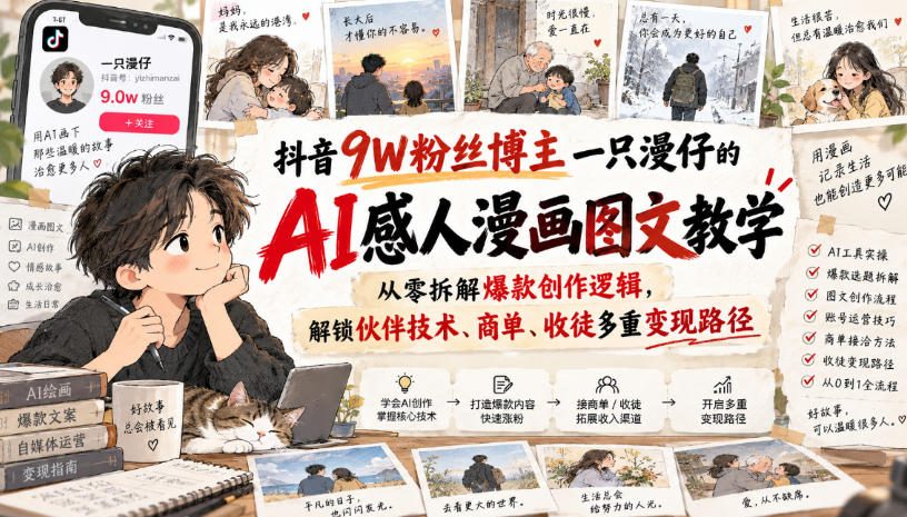 抖音9W粉丝博主一只漫仔的AI感人漫画图文教学，从零拆解爆款创作逻辑，解锁伙伴技术、商单、收徒多重变现路径-优优云网创-中创网