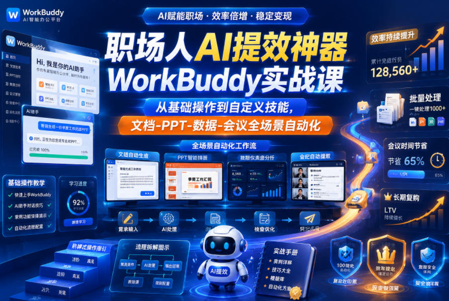 职场人AI提效神器WorkBuddy实战课，从基础操作到自定义技能，文档-PPT-数据-会议全场景自动化-优优云网创