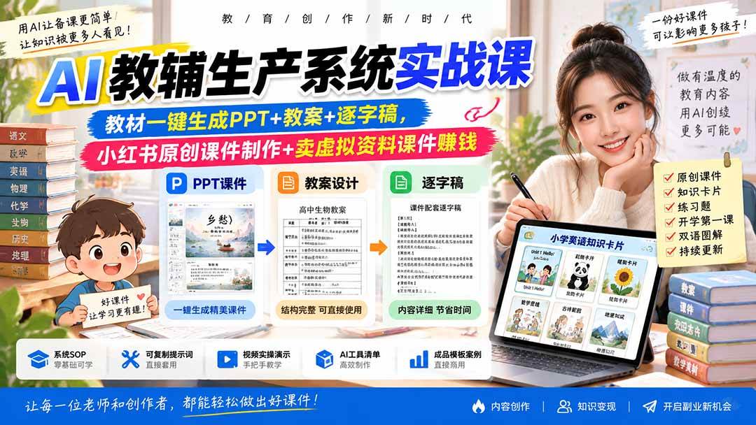 (20542期)AI教辅生产系统实战课|教材一键生成PPT+教案+逐字稿,小红书原创课件制作+卖虚拟资料课件赚钱-优优云网创-中创网