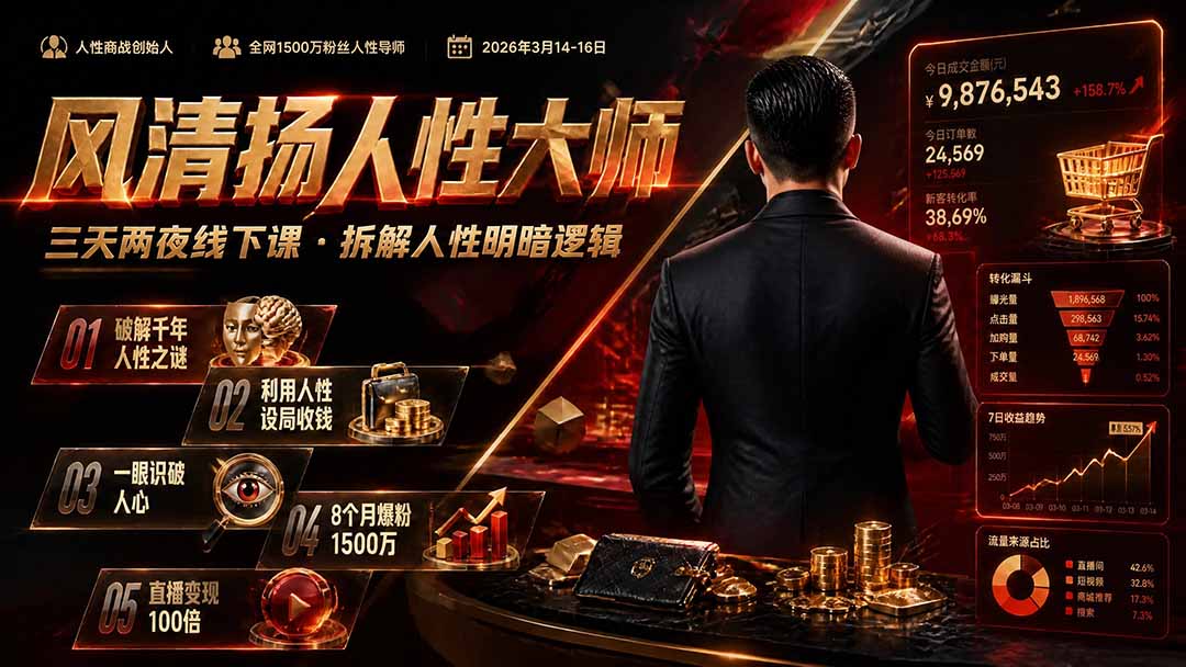 风清扬人性大师-三天两夜3月14-16线下课2026年|拆解人性明暗逻辑,识人避坑,千万粉涨粉+直播百倍变现实战教学-优优云网创