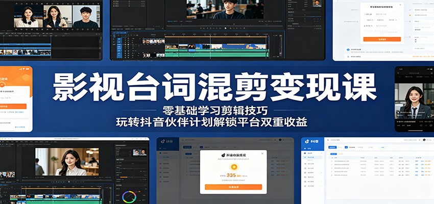 影视台词混剪变现课:零基础学习剪辑技巧,玩转抖音伙伴计划解锁平台双重收益-优优云网创