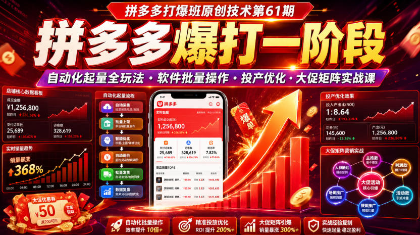 拼多多打爆班原创技术第61期,拼多多爆打一阶段,自动化起量全玩法・软件批量操作・投产优化・大促矩阵实战课-优优云网创