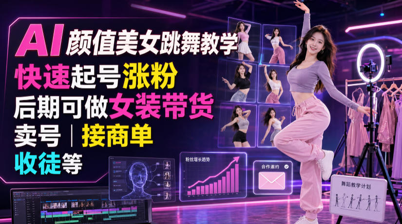 AI颜值美女跳舞教学,快速起号涨粉,后期可做女装带货,卖号,接商单,收徒等-优优云网创