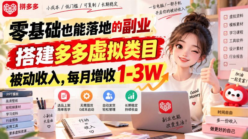 零基础也能落地的副业,搭建多多虚拟类目被动收入,每月增收1-3W【揭秘】-优优云网创-中创网