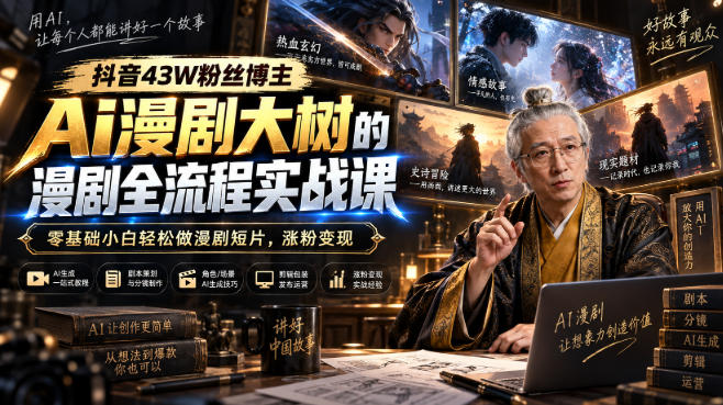 抖音43W粉丝博主Ai漫剧大树的漫剧制作全流程实战课，零基础小白轻松做漫剧短片，涨粉变现-优优云网创-中创网
