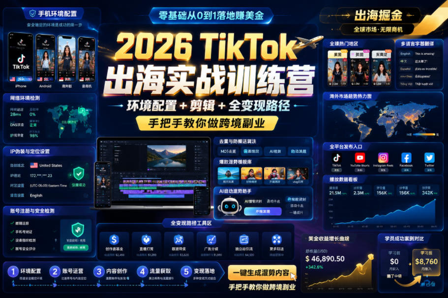 2026 TikTok出海实战训练营，环境配置 + 剪辑 + 全变现路径，手把手教你做跨境副业-优优云网创