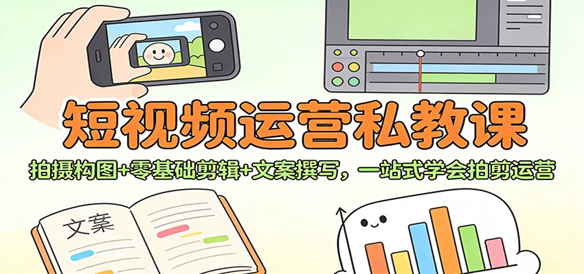 短视频运营私教课:拍摄构图+零基础剪辑 +文案撰写,一站式学会拍剪运营-优优云网创