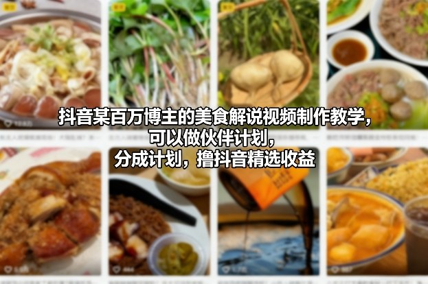 抖音某百万博主的美食解说视频制作教学,可以做伙伴计划,分成计划,撸抖音精选收益-优优云网创