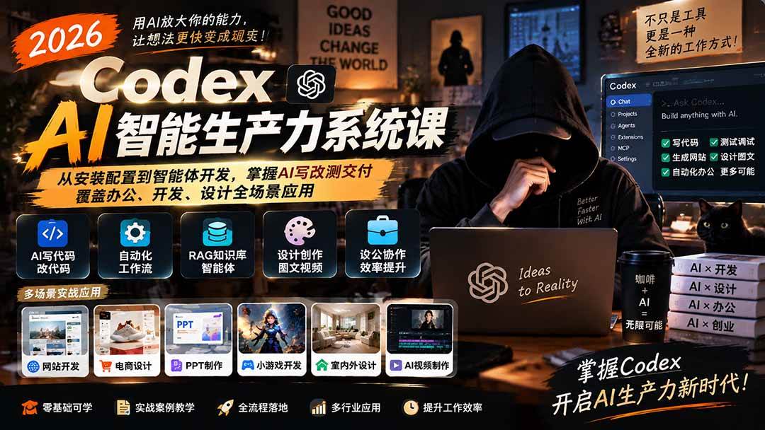 (20535期)2026 Codex AI智能生产力系统课-更新|从安装配置到智能体开发,掌握AI写改测交付,覆盖办公、开发、设计全场景应用-优优云网创-中创网