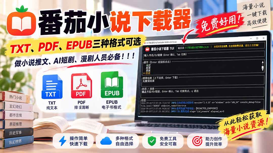 (20529期)番茄小说下载器,TXT、PDF、EPUB三种格式可选,做小说推文、AI短剧、漫剧人员必备!-优优云网创-中创网