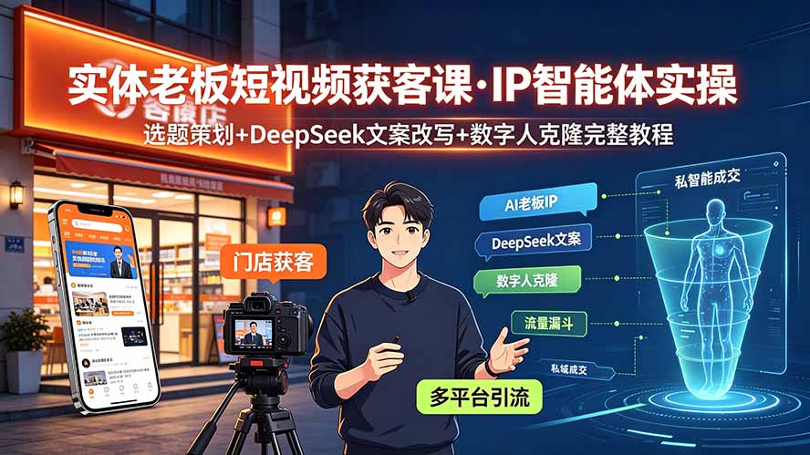 实体老板短视频获客课·IP智能体实操|选题策划+DeepSeek文案改写+数字人克隆完整教程-优优云网创