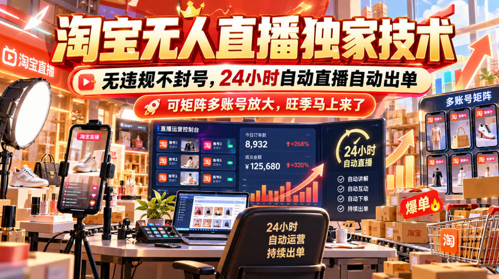 淘宝无人直播独家技术,无违规不封号,24小时自动直播自动出单,可矩阵多账号放大,旺季马上来了【揭秘】 淘宝无人直播独家技术,无违规不封号,24小时自动直播自动出单,可矩阵多账号放大,旺季马上来了【揭秘】