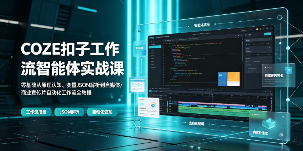 COZE扣子工作流智能体实战课|零基础从原理认知、变量JSON解析到自媒体/商业宣传片自动化工作流全教程-优优云网创