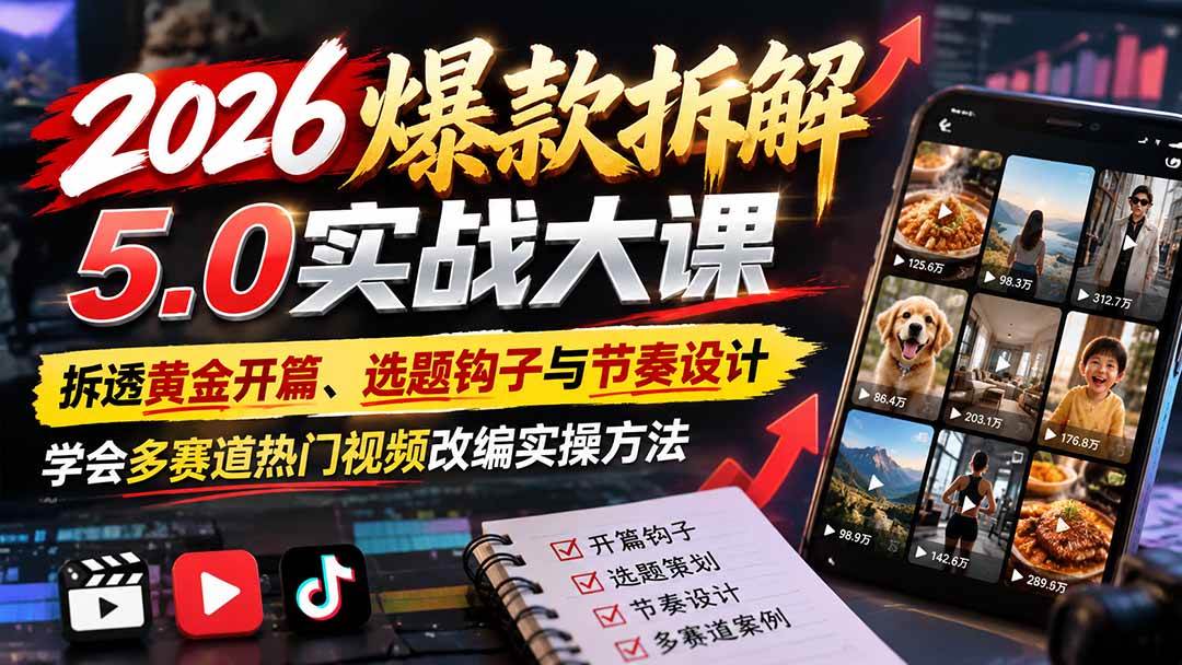 (21110期)2026爆款拆解5.0实战大课:拆透黄金开篇、选题钩子与节奏设计,学会多赛道热门视频改编实操方法 (21110期)2026爆款拆解5.0实战大课:拆透黄金开篇、选题钩子与节奏设计,学会多赛道热门视频改编实操方法