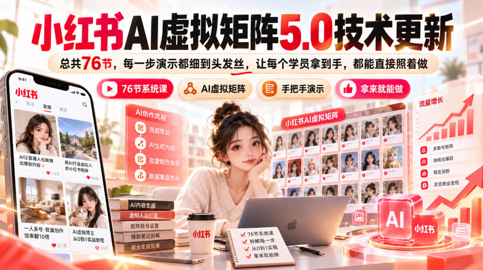 小红书AI虚拟矩阵5.0技术更新,总共76节,每一步演示都细到头发丝,让每个学员拿到手,都能直接照着做-优优云网创-中创网
