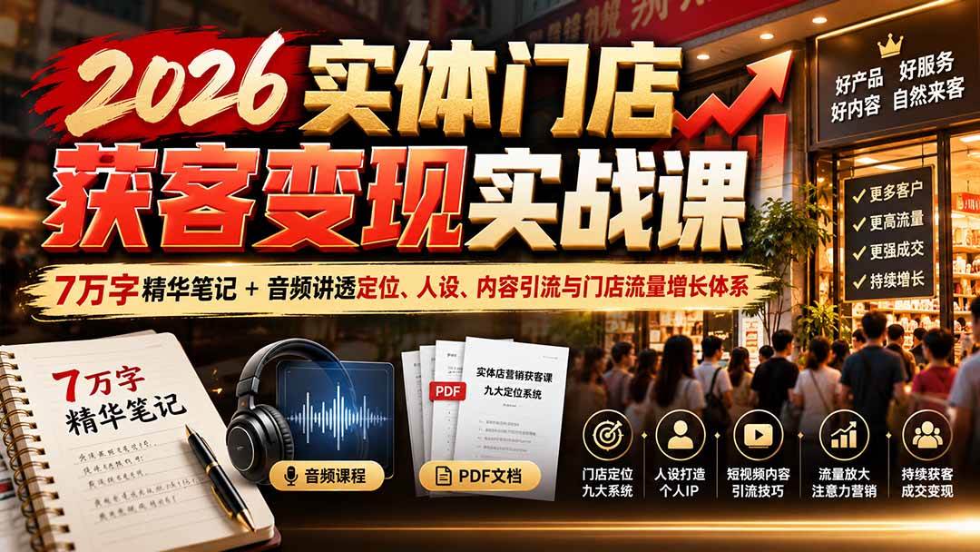 (20832期)2026实体门店获客变现实战课:7万字精华笔记+音频讲透定位、人设、内容引流与门店流量增长体系-优优云网创-中创网
