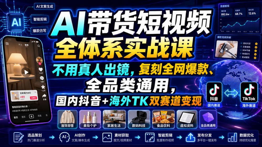 AI带货短视频全体系实战课,不用真人出镜,复刻全网爆款、全品类通用,国内抖音+海外TK双赛道变现-优优云网创