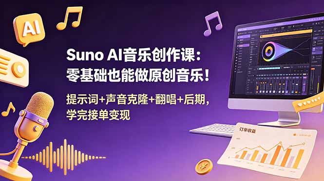 Suno AI音乐创作课:零基础也能做原创音乐!提示词+声音克隆+翻唱+后期,学完接单变现-优优云网创