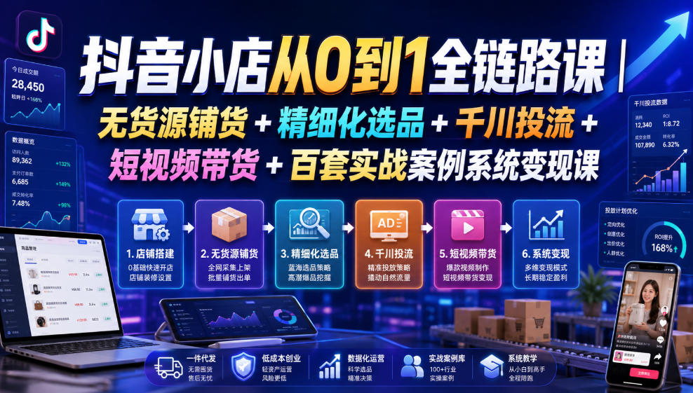 抖音小店从0到1全链路课|无货源铺货+精细化选品+千川投流+短视频带货+百套实战案例系统变现课(2026年7月更新)-优优云网创