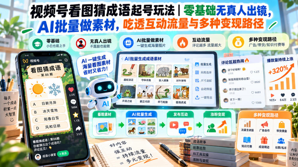视频号看图猜成语起号玩法｜零基础无真人出镜，AI批量做素材，吃透互动流量与多种变现路径-优优云网创-中创网