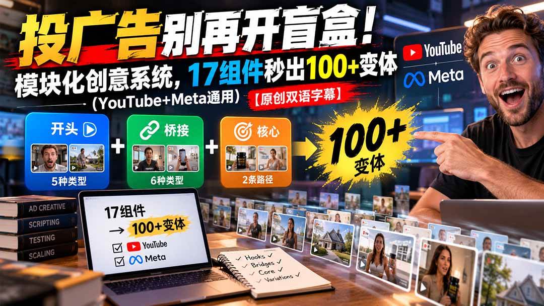 (20840期)投广告别再开盲盒!模块化创意系统,17组件秒出100+变体(YouTube+Meta通用)【原创双语字幕】-优优云网创-中创网