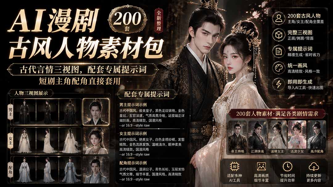 AI漫剧古风人物素材包+提示词|200 套古代言情三视图,配套专属提示词短剧主角配角直接套用-优优云网创