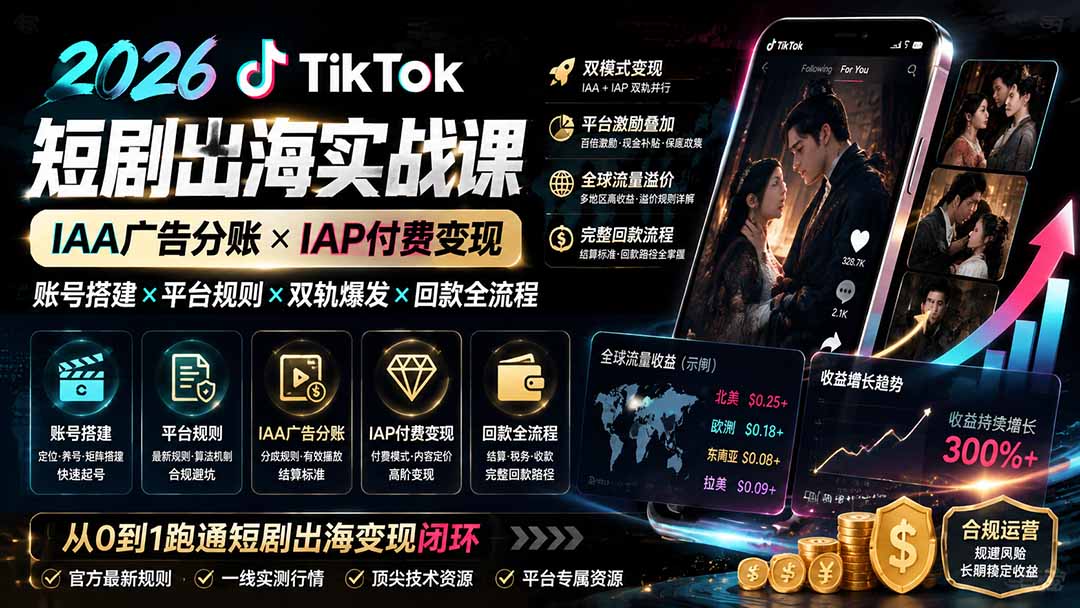 2026TikTok短剧出海实战课：IAA广告分账×IAP付费变现×账号搭建×平台规则×双轨爆发×回款全流程-优优云网创