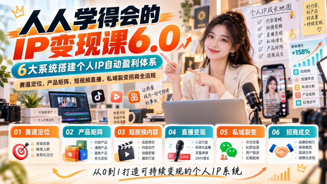 人人学得会的IP变现课6.0,6大系统搭建个人IP自动盈利体系,赛道定位、产品矩阵、短视频直播、私域裂变招商全流程-优优云网创-中创网