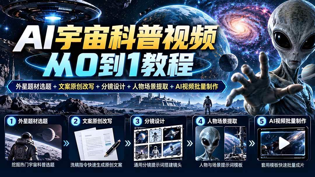 (20774期)AI宇宙科普视频从0到1教程|外星题材选题+文案原创改写+分镜设计+人物场景提取+AI视频批量制作-优优云网创-中创网