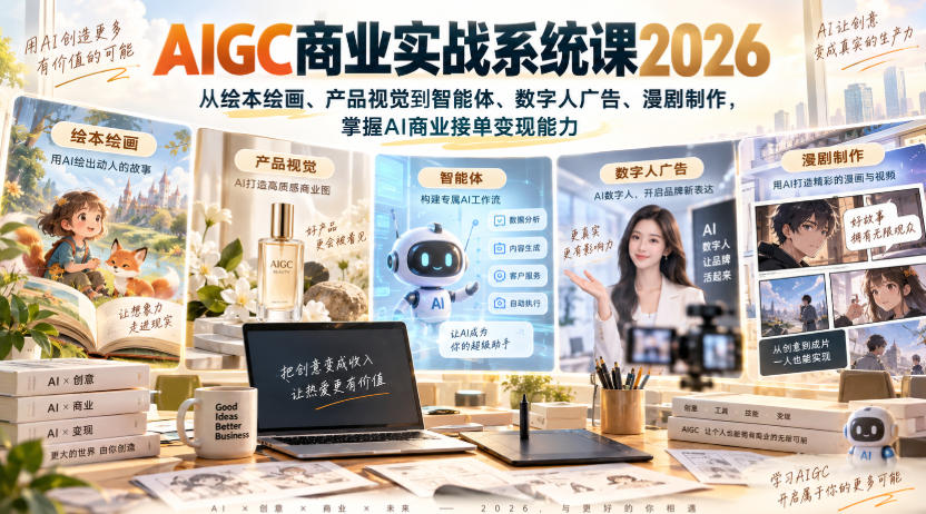 AIGC商业实战系统课2026,从绘本绘画、产品视觉到智能体、数字人广告、漫剧制作,掌握AI商业接单变现能力-优优云网创-中创网