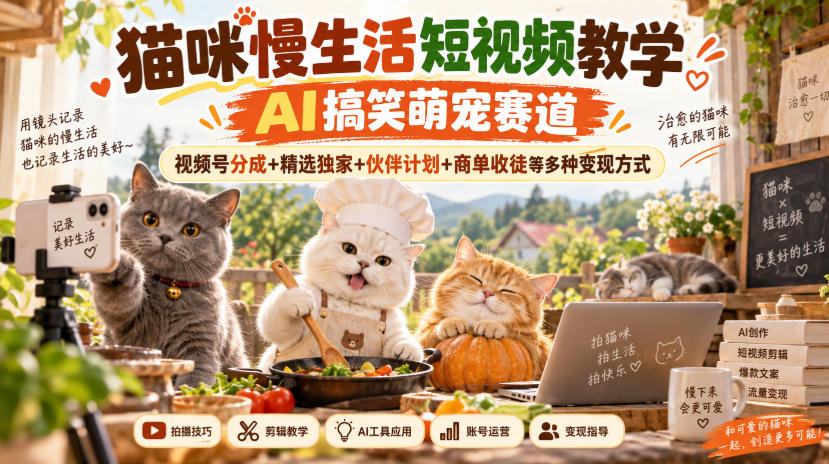 猫咪慢生活短视频教学，AI搞笑萌宠赛道，视频号分成+精选独家+伙伴计划+商单收徒等多种变现方式-优优云网创-中创网