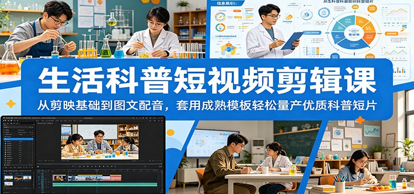 生活科普短视频剪辑课：从剪映基础到图文配音，套用成熟模板轻松量产优质科普短片-优优云网创