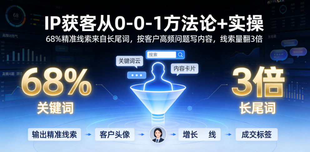 IP获客从0-1方法论+实操，68%精准线索来自长尾词，按客户高频问题写内容，线索量翻3倍-优优云网创