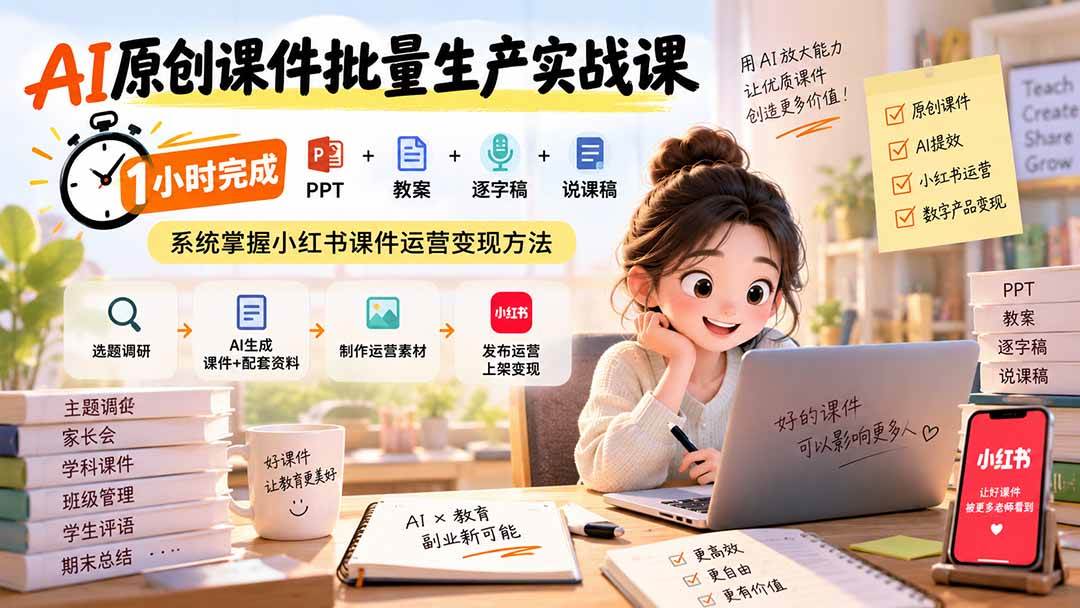 (20351期)AI原创课件批量生产实战课:1小时完成PPT+教案+逐字稿+说课稿,系统掌握小红书课件运营变现方法-优优云网创-中创网