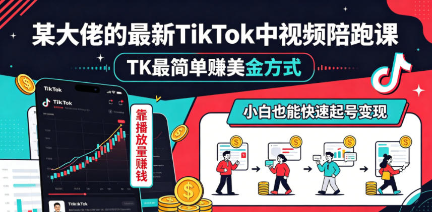 某大佬的最新TikTok中视频陪跑课,TK最简单賺美金方式,靠播放量賺钱,小白也能快速起号变现-优优云网创
