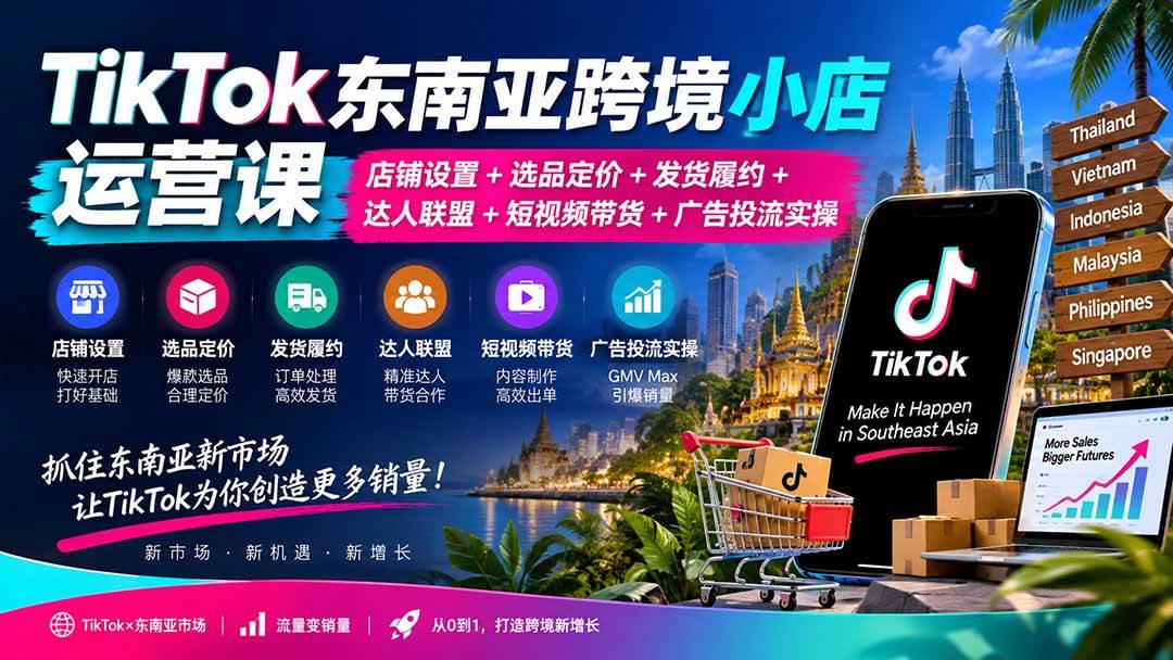 (20483期)TikTok东南亚跨境小店运营课:店铺设置+选品定价+发货履约+达人联盟+短视频带货+广告投流实操-优优云网创-中创网