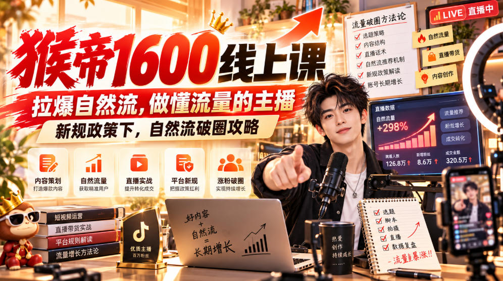 猴帝1600线上课,拉爆自然流,做懂流量的主播,新规政策下,自然流破圈攻略【更新260926】-优优云网创-中创网