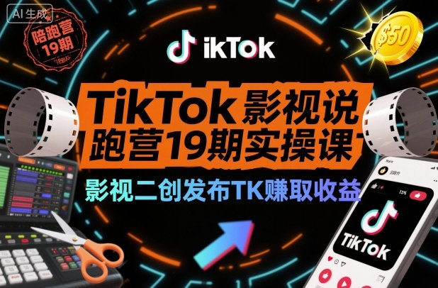 TikTok影视解说陪跑营19期实操课,影视二创发布TK賺取收益,万播收益50美金-优优云网创