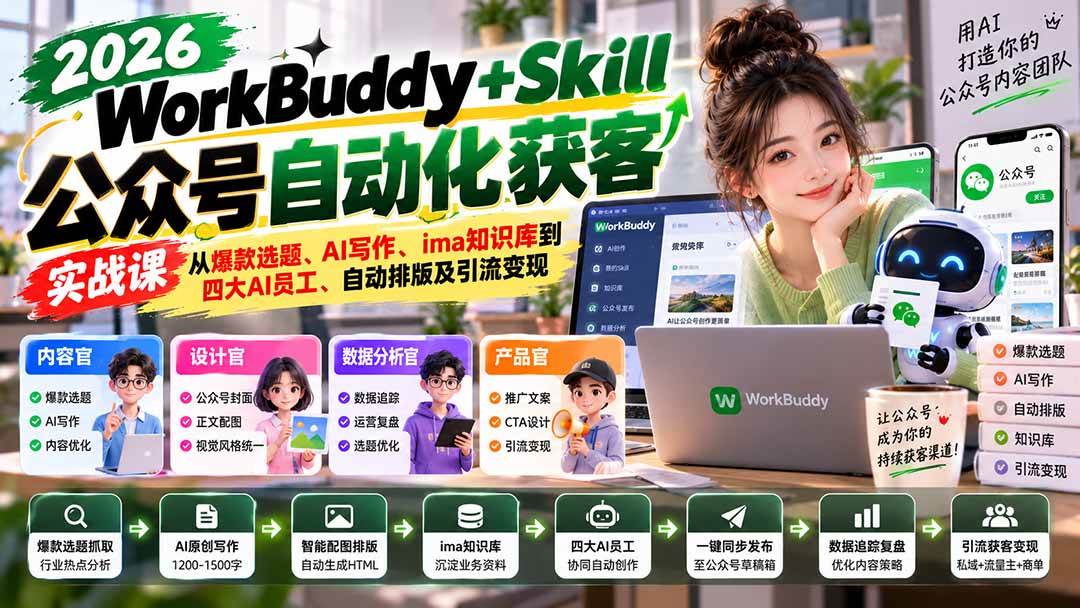 (21023期)WorkBuddy + Skill公众号自动化获客实战课:从爆款选题、AI写作、ima知识库到四大AI员工、自动排版及引流变现 (21023期)WorkBuddy + Skill公众号自动化获客实战课:从爆款选题、AI写作、ima知识库到四大AI员工、自动排版及引流变现